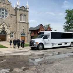 charter bus outside of church